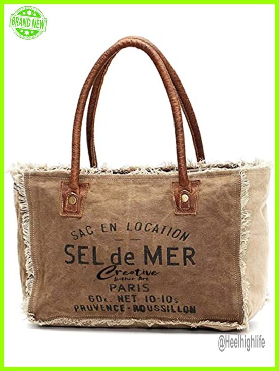 Handbags - Vintage Canvas Tote Bag with Leather Handles - Boho Shoulder Bag